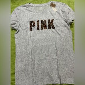 Victoria’s Secret Pink Grey Tee,Leopard Writing,L,NWT